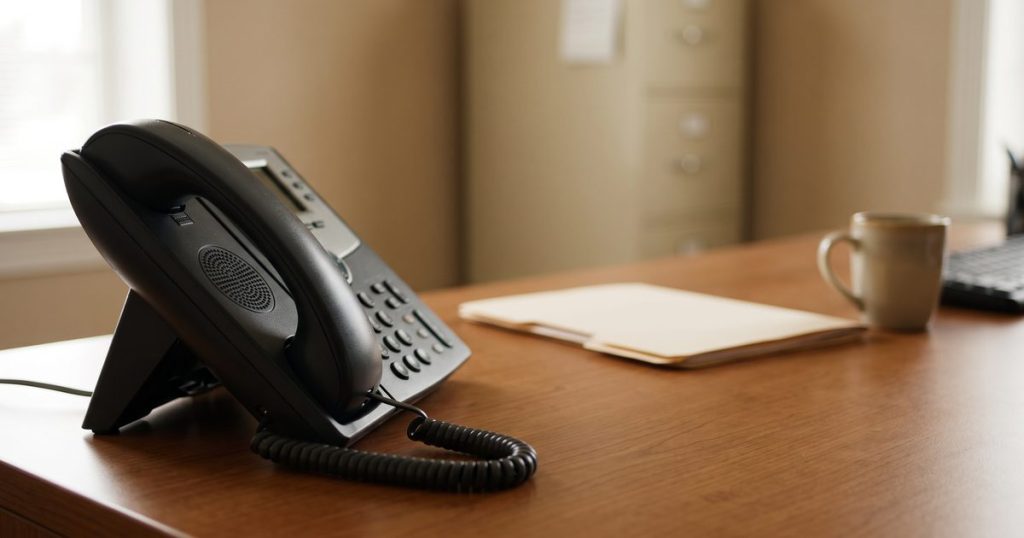 A desk telephone in an ordinary business office.