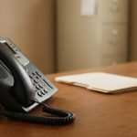 A desk telephone in an ordinary business office.