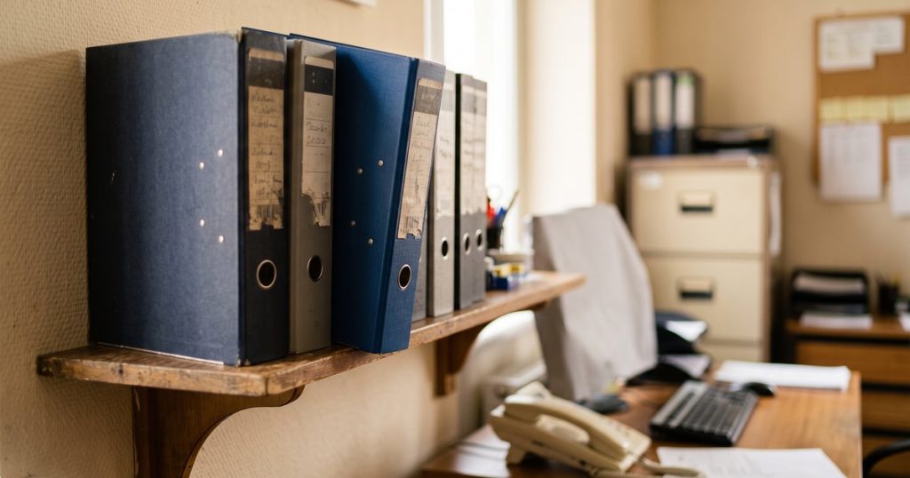A closed binder on a shelf above an office desk.