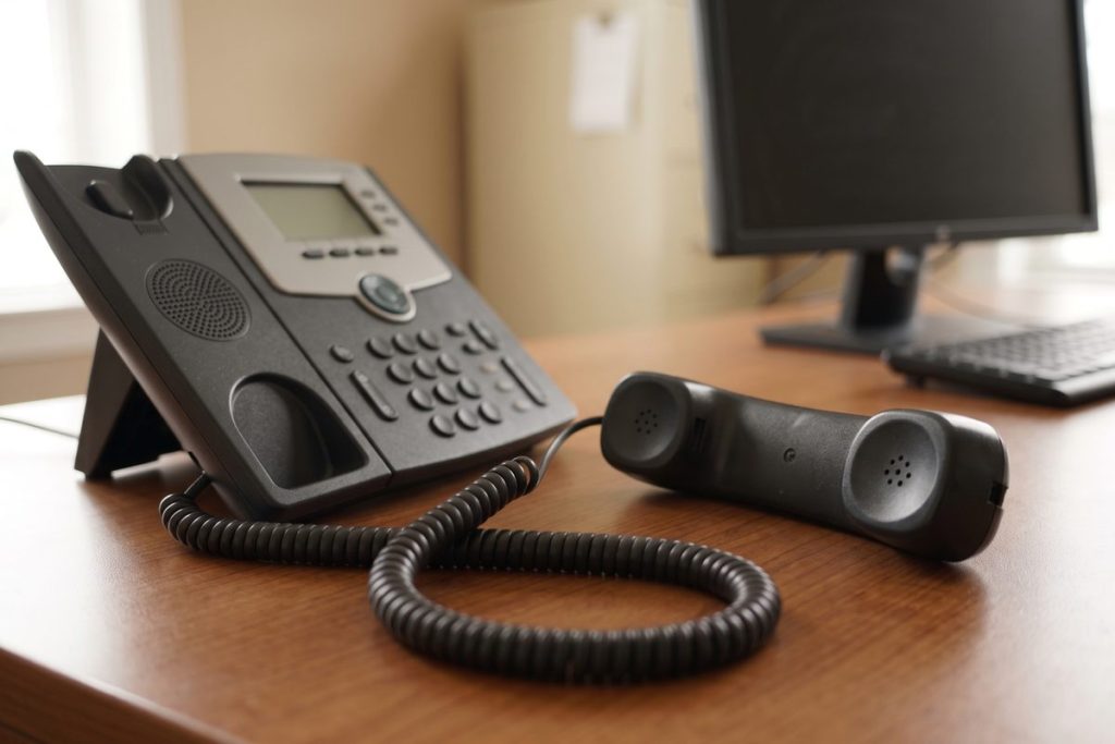 A desk telephone with the handset off the cradle, resting on the desk during a call