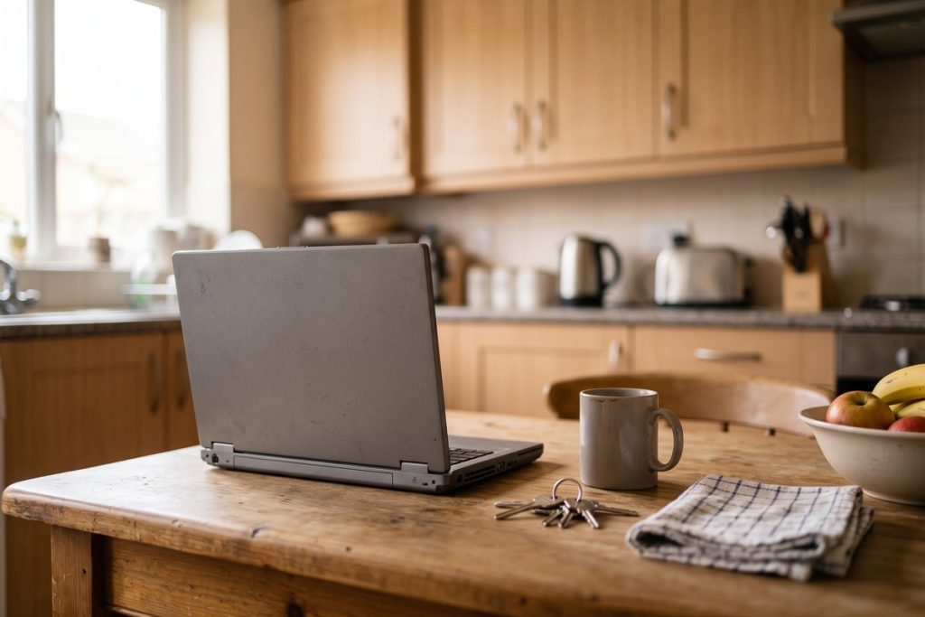 A laptop on a kitchen table in a family home.