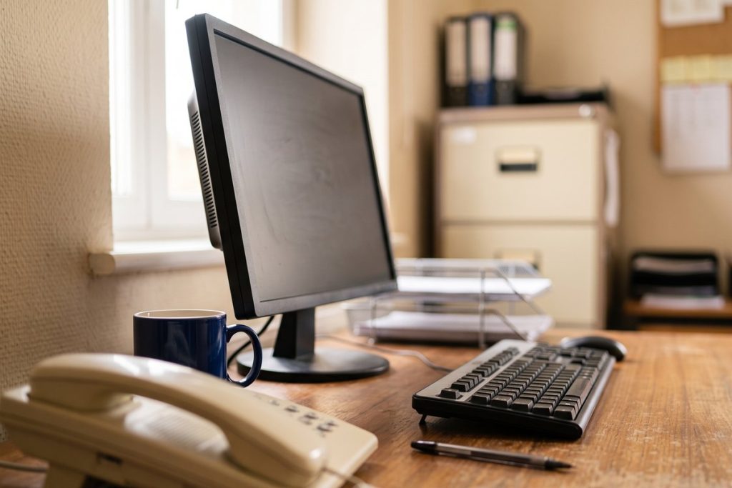 An ordinary office desk with a telephone and keyboard, mid-afternoon.